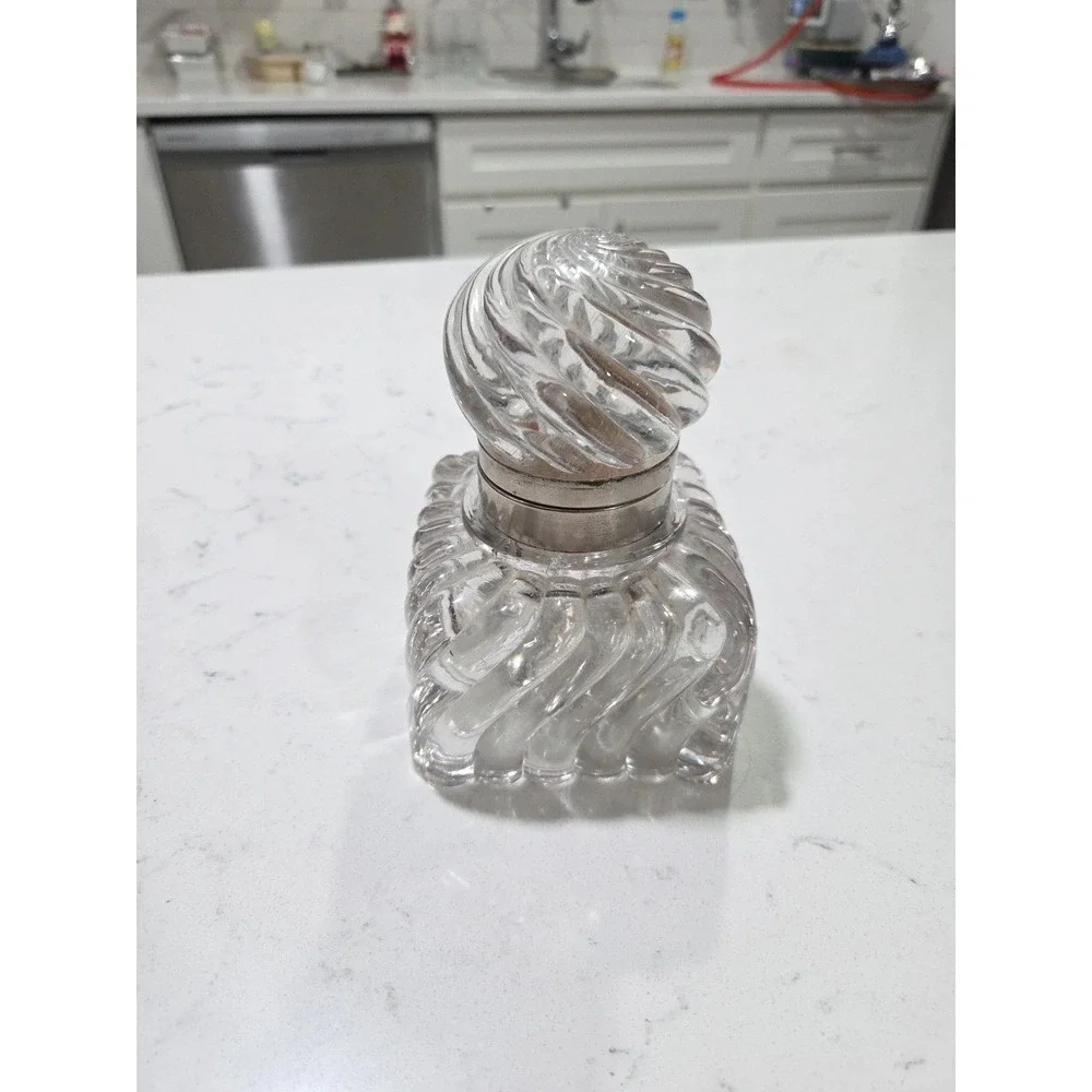 Antique Large Inkwell with Ribbed Swirling Glass- Baccarat Style Inkwell